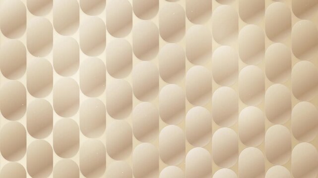 Elegant beige geometric motion background featuring a pattern of 3D rounded oval tiles with soft light reflections and floating golden particle dust sparkles.