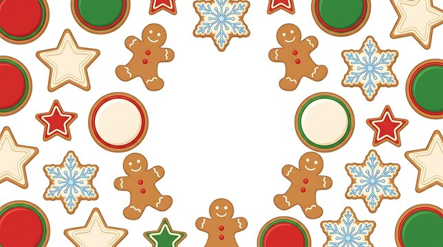 Festive christmas cookie border with gingerbread men and snowflake sugar cookies on a white background