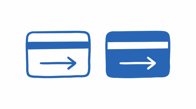 Hand drawn blue credit card icons with swipe arrow symbol for cashless payment, banking, and retail checkout