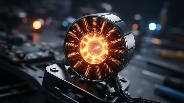 Close up of an advanced brushless motor with glowing copper coils for drone or robotics technology