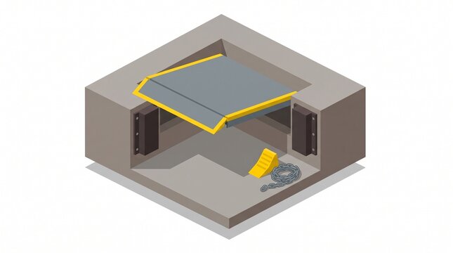 Isometric loading dock leveller with bumpers and a wheel chock