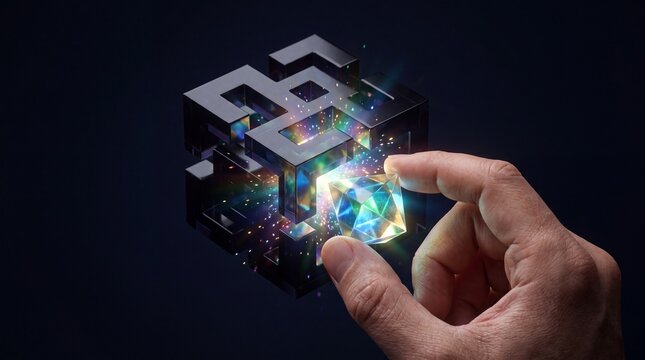 Close-up of a hand inserting a glowing crystal key into a complex futuristic cube puzzle, representing innovation, problem-solving, and technology integration on a dark background.