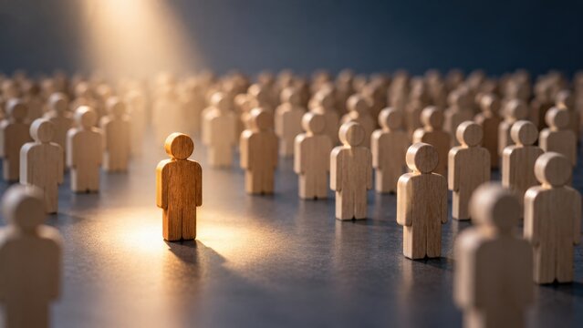 Single wooden human figurine stands illuminated, distinguished from numerous others in background.