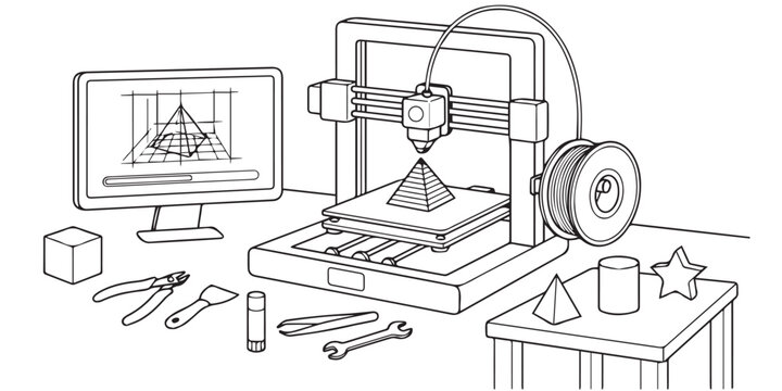 3D printer workstation with computer monitor and modeling tools in a minimalist line art style. A detailed line art illustration of a 3D printing setup with tools and printed geometric objects.