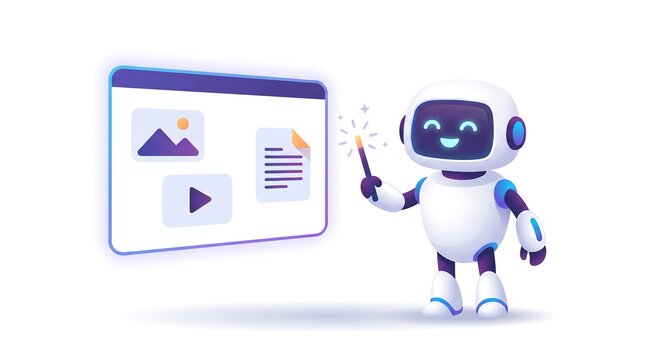 A cute, smiling robot with a magic wand creating digital content on a screen.
