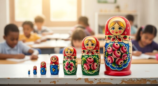 Traditional nested wooden dolls stand in a row on a wooden desk inside a vibrant classroom while young students focus on their daily learning activities and school work during daytime hours