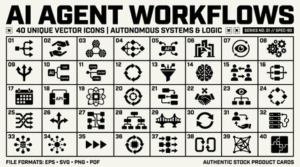 Fototapeta premium AI Agent Workflows Vector Icons Set for Autonomous Systems and Logic. Modern monochrome graphic resources for technology, data, and automation projects.