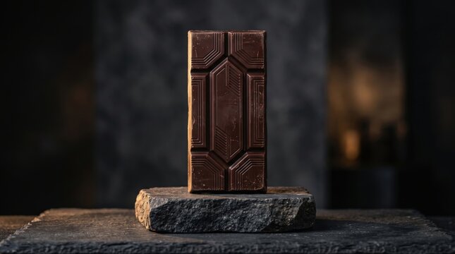 Rectangular milk chocolate bar standing on a rough stone pedestal