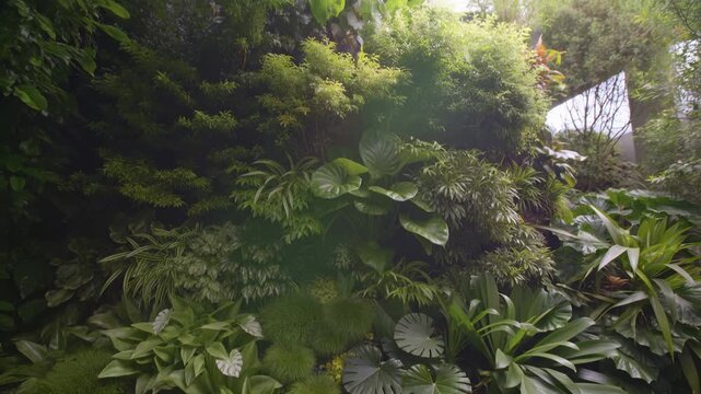 Dense tropical foliage fills a layered vertical garden as camera slowly tilts upward, revealing broad glossy leaves, variegated plants, fine textures, and brighter greenery above