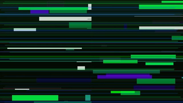 Abstract digital glitch background with dark horizontal lines and glowing neon green and purple elements