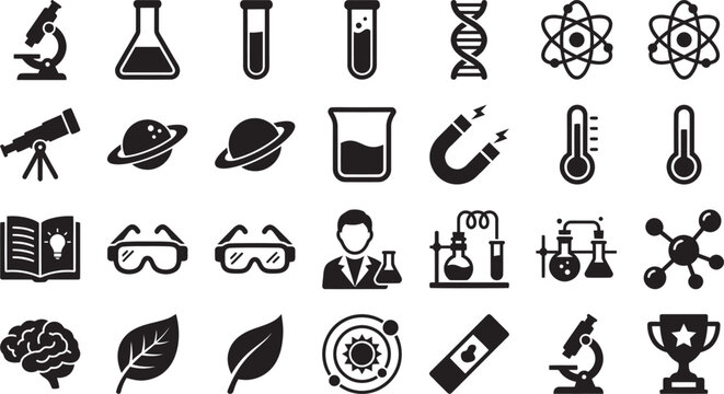 Collection of science and education flat icons on a white background depicting laboratory equipment and concepts