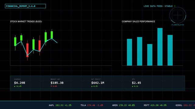 digital financial dashboard with stock market charts, candlestick graphs, data analytics and trading metrics