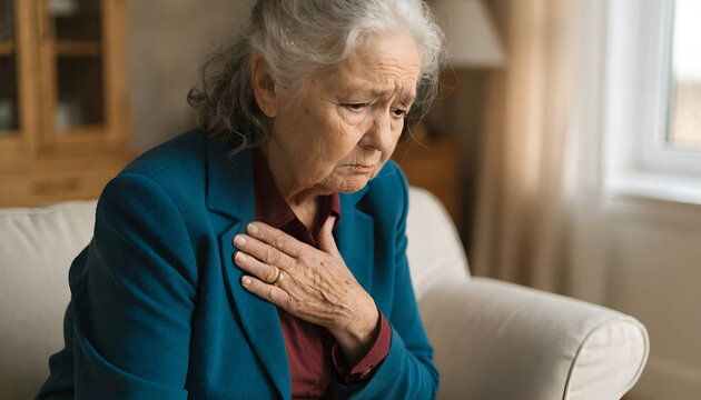 Elderly Woman Holding Her Chest in Pain Suffering from Heart Attack or Breathing Issues