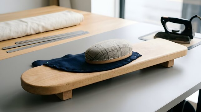Tailor ironing board with pressing ham and blue fabric on sewing table