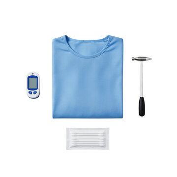 Medical examination set featuring a light blue scrub a digital glucose monitor, a reflex hammer, and a pack of cotton swabs isolated on a transparent background