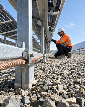Grounding conductor leads visually toward a solar maintenance technician.