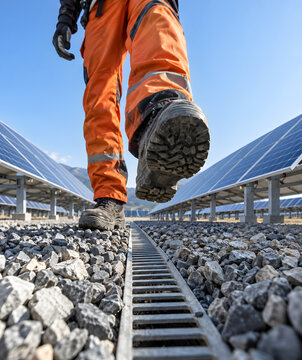 Dynamic step captured from a dramatic ground perspective inside a solar farm.
