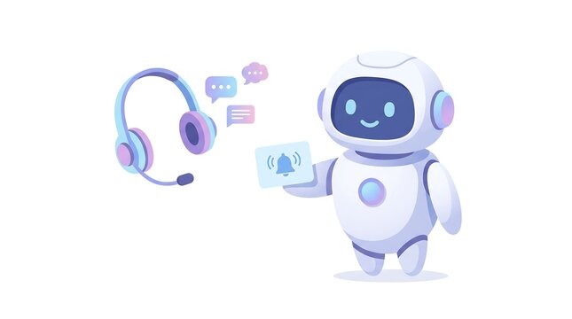 A cute, friendly cartoon robot with a headset and notification icon, representing customer service and AI assistance.