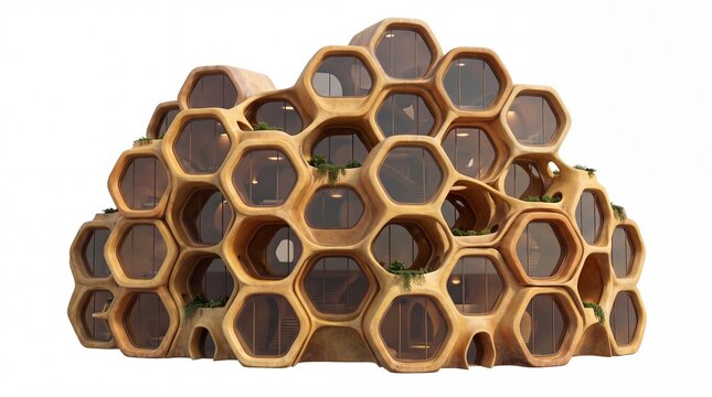 Honeycomb building with organic hexagonal structures and glass windows stands isolated on a white background.