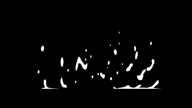 Liquid splash FX, 2D cartoon bubbles explosion, water splash blast effects, drip style flash bursts, fluid hand drawn elements on black screen background.