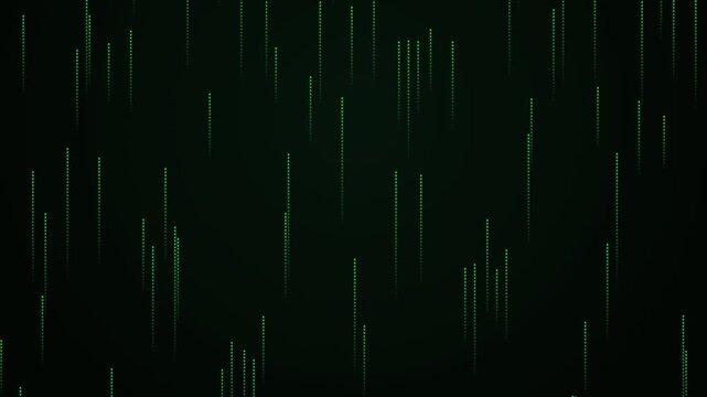 Abstract digital data matrix with glowing green vertical dot lines falling on dark background for technology concepts