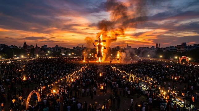 Dramatic Dussehra evening festival atmosphere, large traditional festival effigy silhouette in distance, glowing lights, smoke and warm sunset sky, people only as tiny unidentifiable silhouettes