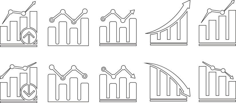 Collection of minimal vector outline icons showing financial bar charts with positive and negative market progress.