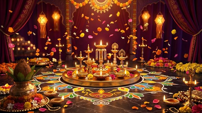 Intricate Navaratri rangoli design viewed from directly above, symmetrical geometric floral patterns, colorful natural pigments, glowing diyas surrounding the artwork, marigold flowers, premium Indian