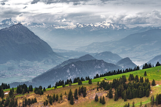 Scenic panoramic view of Mount Rigi in the Swiss Alps during early summer