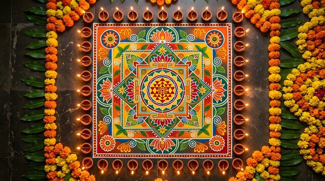  Decoration for Diwali rangoli with glowing diyas.