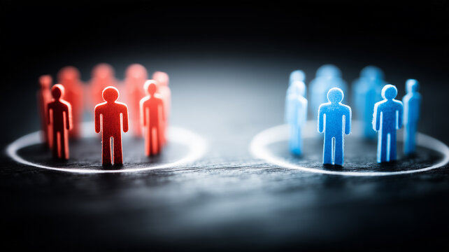 Two separated groups of people represent population segmentation and social division in demographic analysis.
