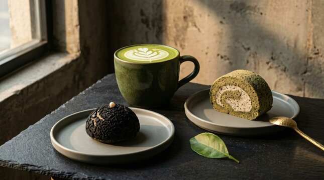 Green Coffee Mug with Latte Art and Matcha Roll Cake on Dark Surface Near Window