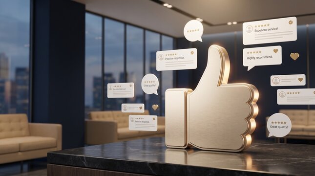 Gold Thumbs Up with Floating Positive Review Bubbles, Online Reviews & Customer Feedback