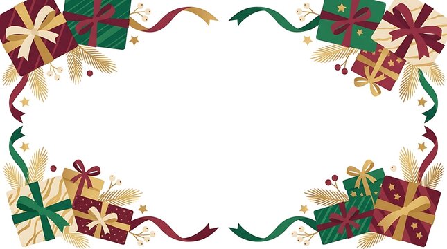 Festive christmas border frame featuring watercolor gift boxes and ribbons with a white background for holiday greeting cards