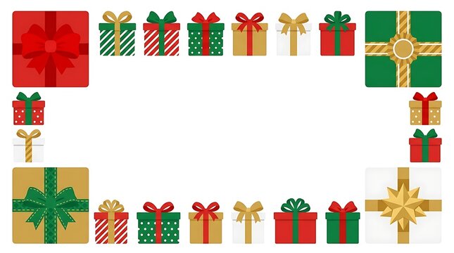 Festive christmas gift box border frame with colorful presents and ribbons on a white background