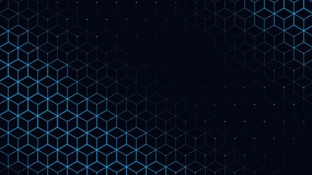Abstract futuristic cube grid pattern background with glowing blue digital lines and geometric shapes in dark space