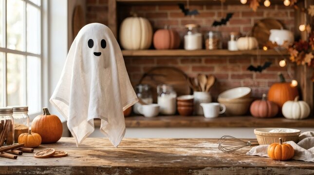 Cute white ghost Halloween decoration on rustic wooden kitchen table with autumn gourds, pumpkins, and fall leaves, spooky holiday season.