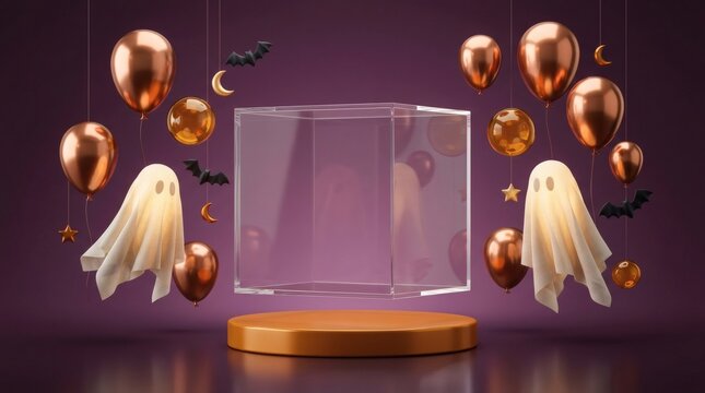 Elegant halloween scene with metallic copper balloons and glowing ghost figures surrounding a glass display cube on a dark purple studio backdrop.