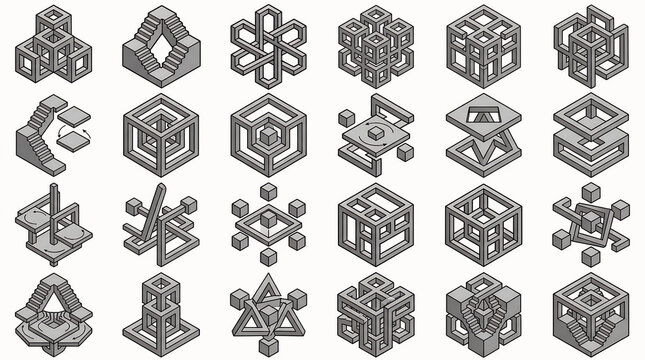 Geometry isometric impossible shape in illusion abstract cube of monochrome set collection structure perspective vector