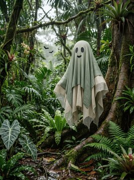 Gentle ghost costume floats between lush green trees in a mystical jungle with mist and faint bats flying.