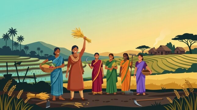 Group of diverse rural women farmers celebrating harvest, standing in lush green fields, showing community and agricultural success.