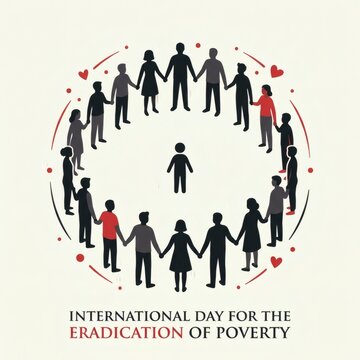 International day for eradication of poverty with diverse people holding hands in a circle around one person with hearts.