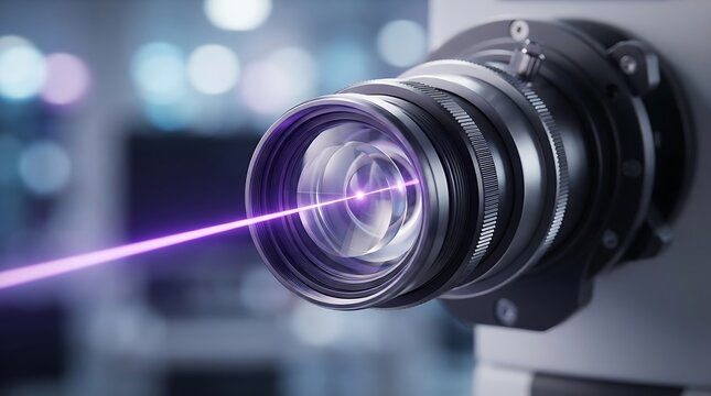 A close up view of a sophisticated optical laser sensor emitting a purple light beam in a modern laboratory research facility environment