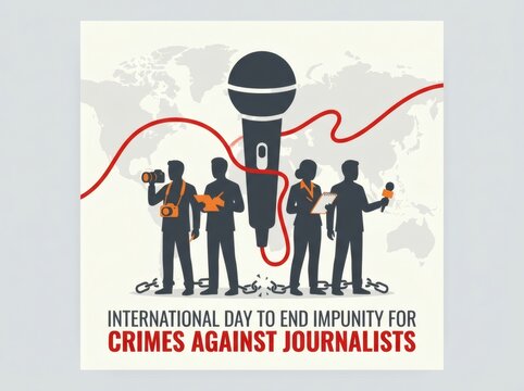 International day to end impunity for crimes against journalists poster with journalists microphone and broken chains.