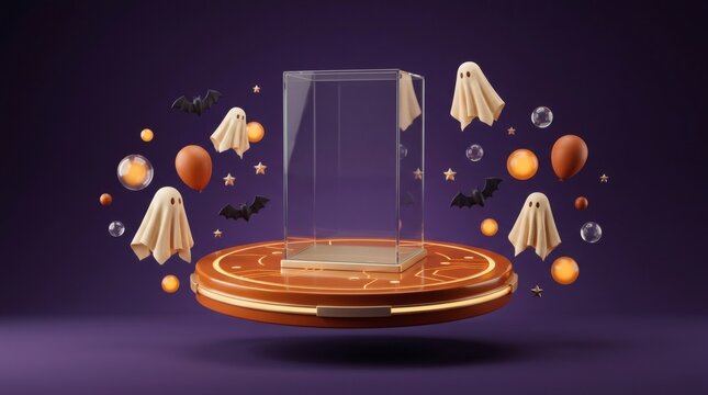 Minimalist halloween product display platform with floating ghosts bats orange balloons and glass showcase on dark purple backdrop for festive sales.