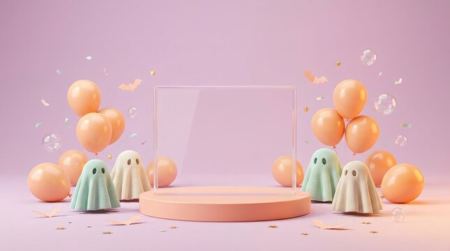 Minimalist halloween product podium with orange balloons and cute ghost figurines on soft purple background for festive autumn sales presentation.