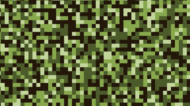 Digital camouflage pattern background in shades of green and dark brown pixels for military style design and tactical gear