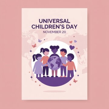 Universal children day poster featuring group of diverse kids standing together around globe on world map background for unicef international event.