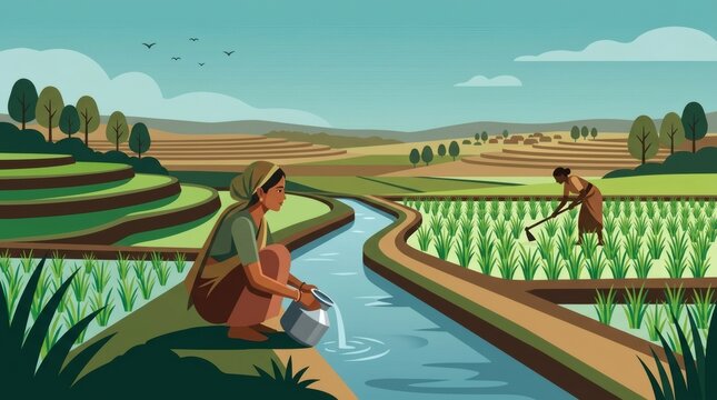 Two rural women farmers working in rice paddies with irrigation canal, one crouching by water and other hoeing in the field.