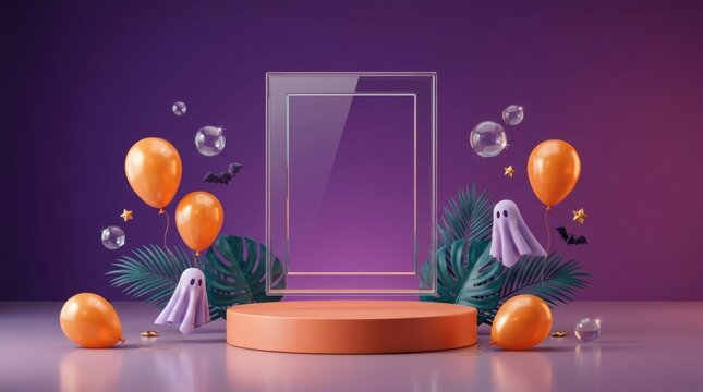 Vibrant halloween podium display featuring orange balloons and tropical monstera leaves against a deep purple background for product demonstration.